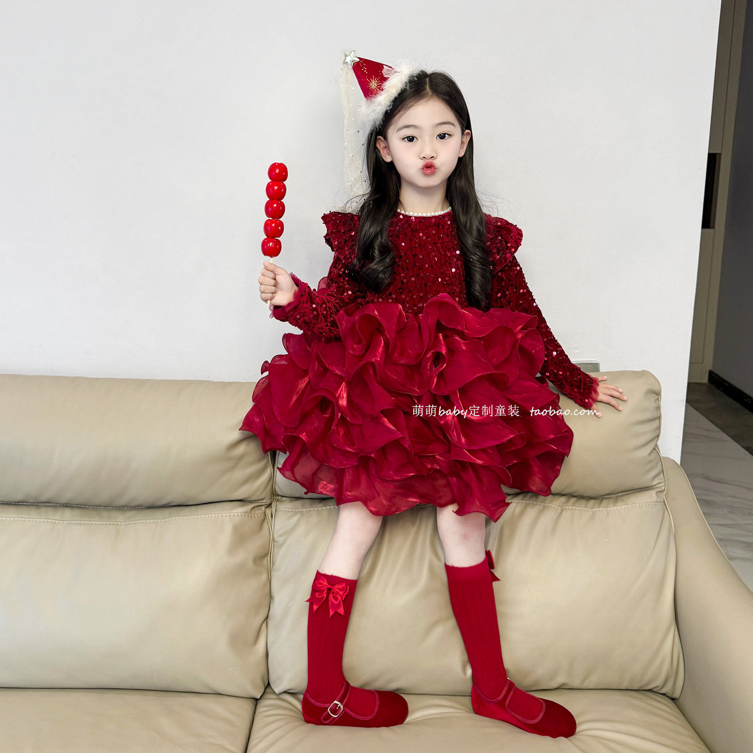 女童加绒红色亮片网纱蓬蓬公主裙2025冬季小女孩气质连衣裙拜年服
