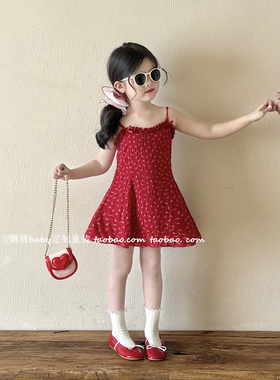 女童红色碎花吊带裙2026夏季新款小女孩度假连衣裙甜美花边领裙子
