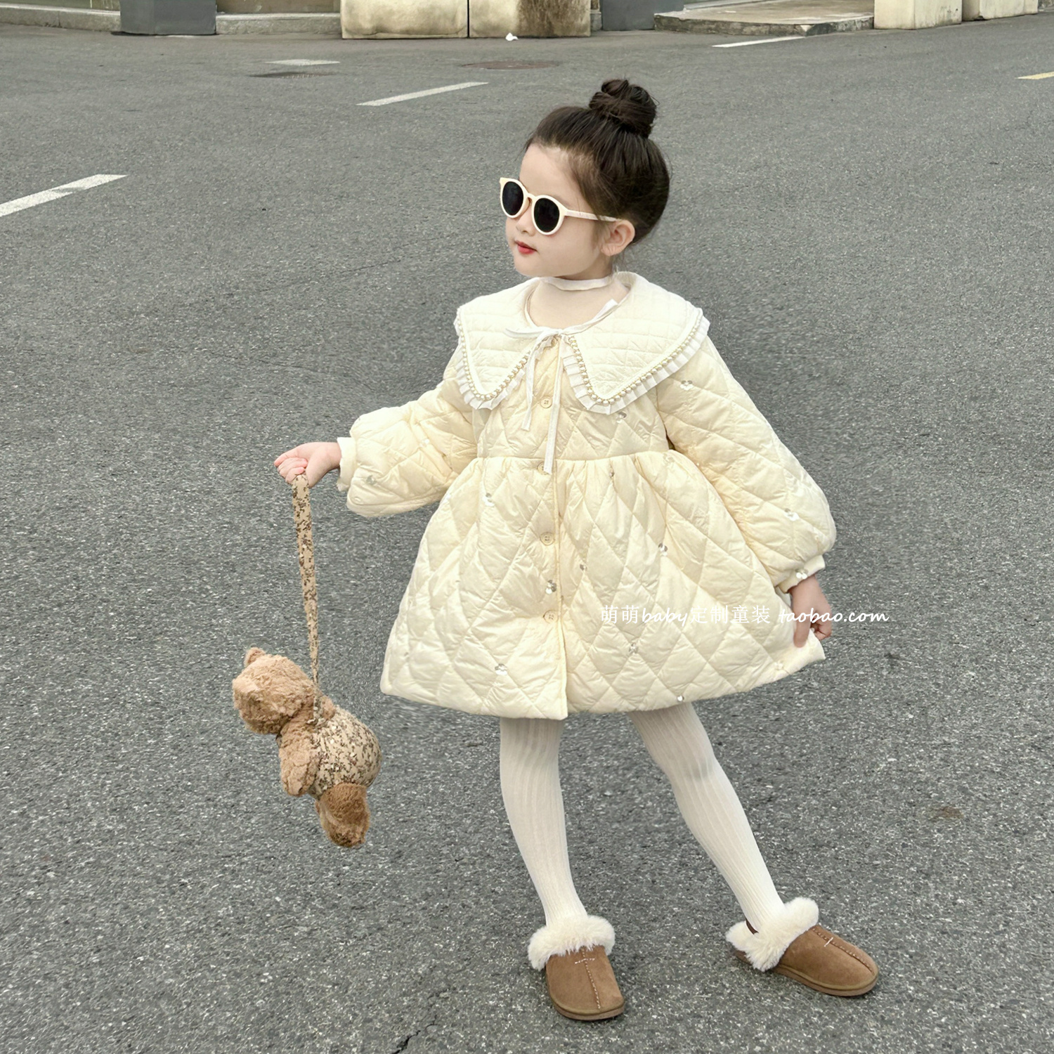 原创童装女童压棉菱形格珠花棉衣外套2025冬季女孩加厚保暖连衣裙