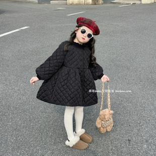 原创童装女童高级感菱格棉衣2025冬季新款女孩夹棉加绒保暖外套裙