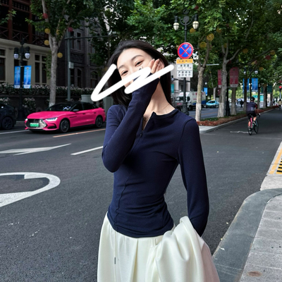 HUMSMR简约极简风圆领修身长袖半拉链长袖小衫