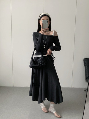 【eternal.西子】斜肩纽结侧抽绳撞色百搭上衣针织衫 半身裙套装