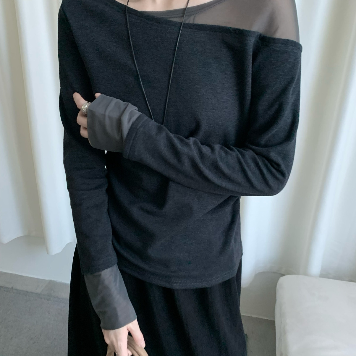 eternal.西子-季首爆网纱拼接设计感质感加绒弹力亲肤打底衫