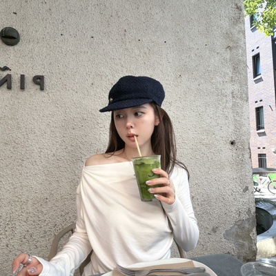 second-26年春款上新斜肩天丝抽褶显瘦小衫