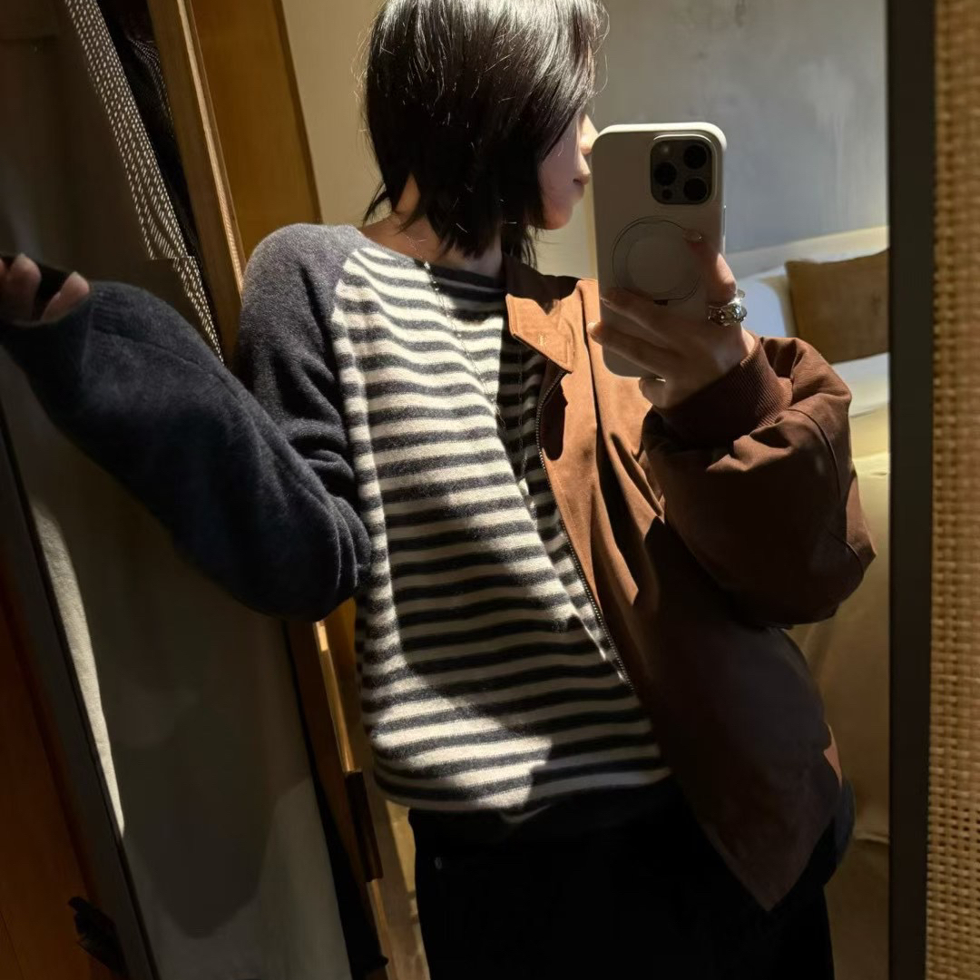 ALL LEVASE-冬上新圆领插肩袖条纹显瘦针织衫（含100羊毛）