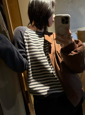 ALL LEVASE-冬上新圆领插肩袖条纹显瘦针织衫（含100羊毛）