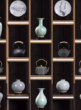 中式宋氏美学茶室艺术摆件博古架茶柜茶壶茶道装饰铁壶陶瓷花瓶