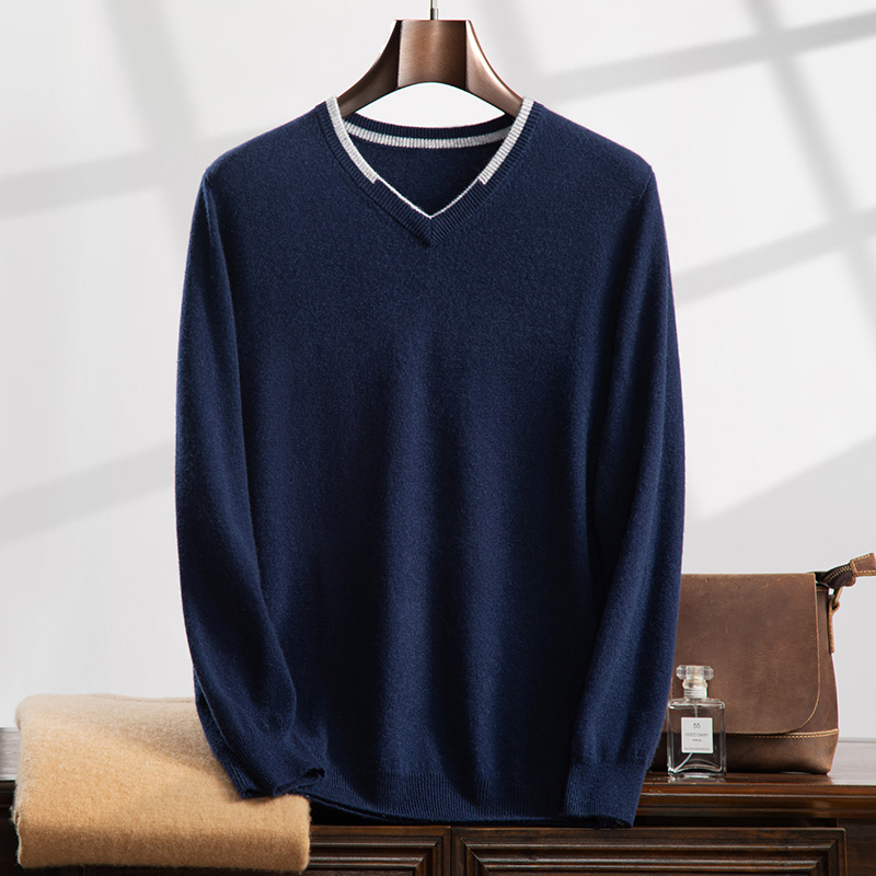 2024秋冬新款35%山羊绒男士套头V领撞色羊绒衫
