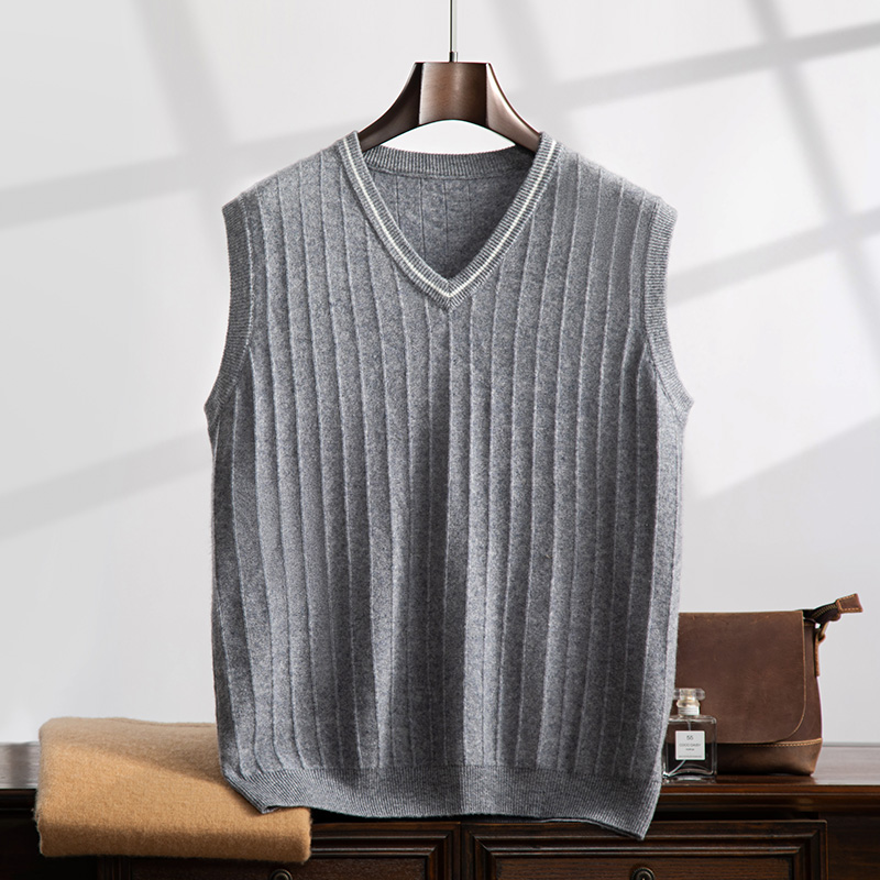 2024秋冬新款35%山羊绒男士竖条撞色羊绒背心马甲