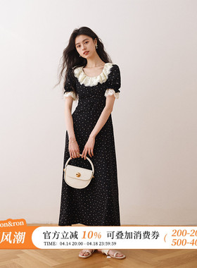 ron&ron法式荷叶领碎花连衣裙春夏新款女装中长款黑色短袖茶歇裙