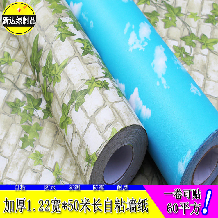 1.2米宽pvc自粘墙纸防水加厚墙面翻新爬山虎蓝天白云彩装膜壁纸