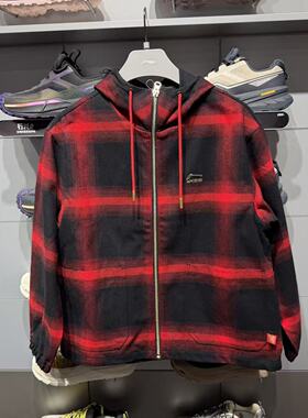 李宁日进斗金外套男子2026春季红色复古格子宽松连帽夹克AFDW137