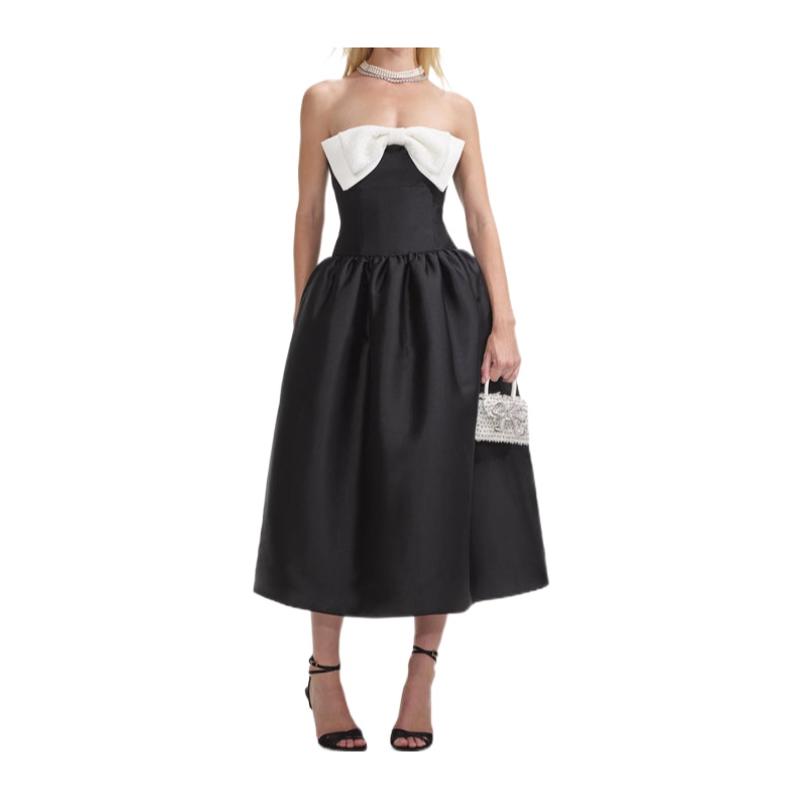 Self-Portrait连衣裙女士修身透气舒适显瘦黑色蝴蝶结中长款涤纶