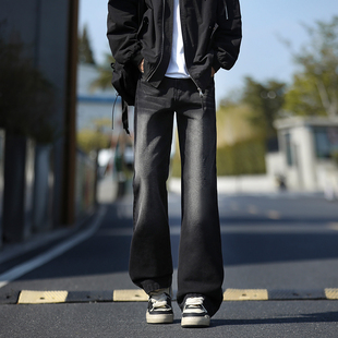 以微喇黑灰色牛仔裤男款美式复古直筒长裤男生弯刀喇叭裤子春秋純