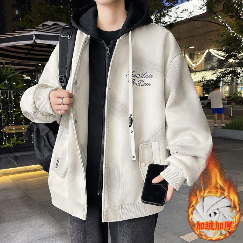 以纯假两件加绒加厚夹克棉服男款