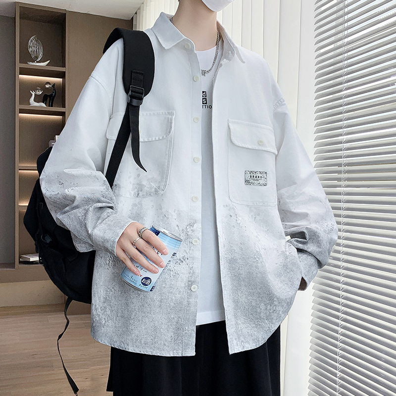 衬衫式夹克男以2025新款秋季渐变印花純外套男青少年纯棉休闲衬衣