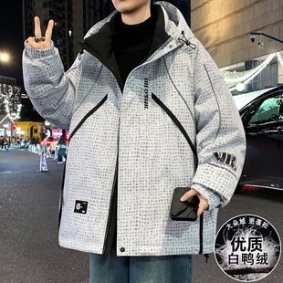 以羽绒服男款冬季青少年设计感拼接轮廓连帽外套加厚保暖防寒服純