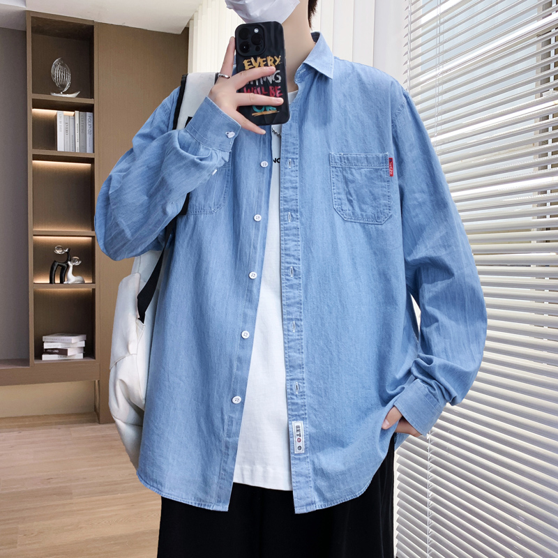 纯棉牛仔衬衫男款长袖2025新款韩版纯色衬衣外套帅气学生休闲以純