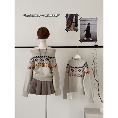 MAXMENT复古费尔岛提花粗针一字肩宽松厚实秋冬毛衣