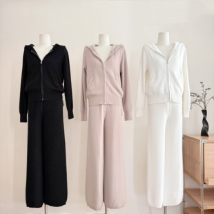 早安樊樊一套入!极简从绒套装仿貂绒双面针织开衫+直筒长裤女