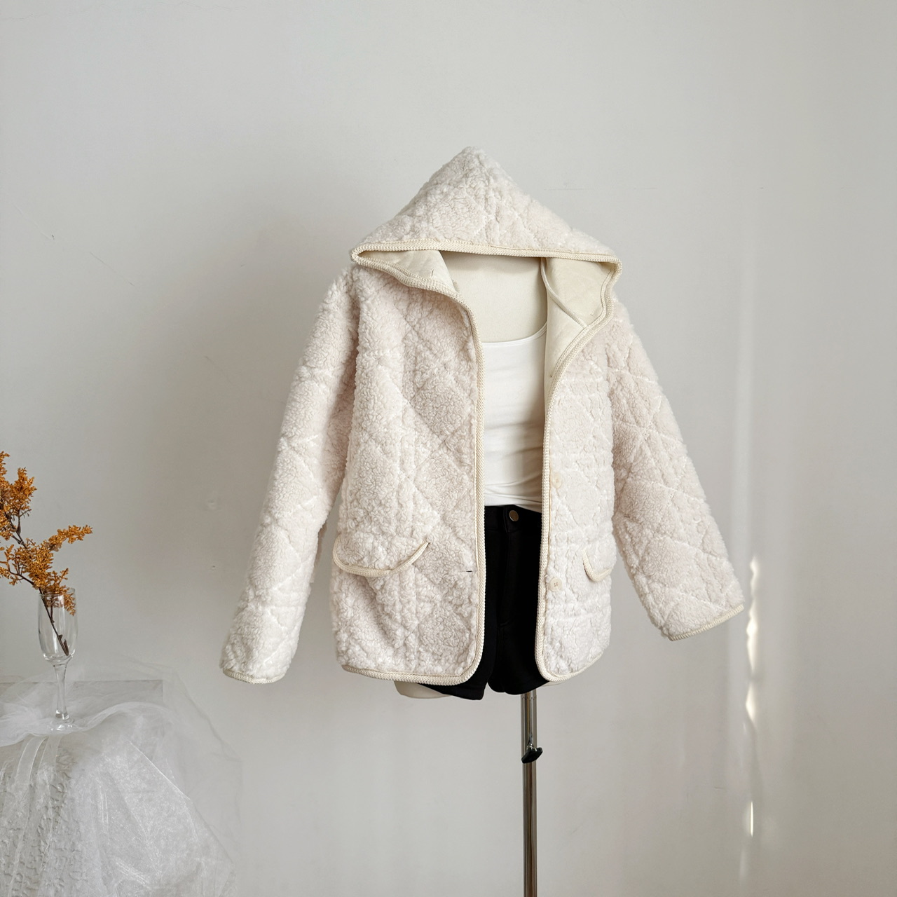 PtonUmi 冬雾济州 菱格压花羊羔毛连帽外套冬小个子宽松显瘦棉服