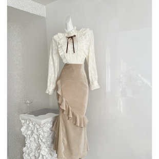 Blovelan旧梦庄园 法式千金感加绒款衬衫+设计感不规则鱼尾半身裙