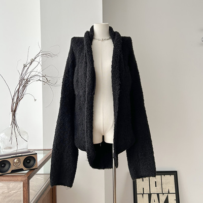 0122stepll 云朵圈圈纱黑色蝙蝠袖毛衣 女软糯慵懒风宽松开衫外套