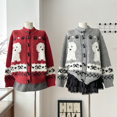 LOLOL  复古小狗提花针织开衫外套 女2025秋冬新款牛角扣毛衣厚