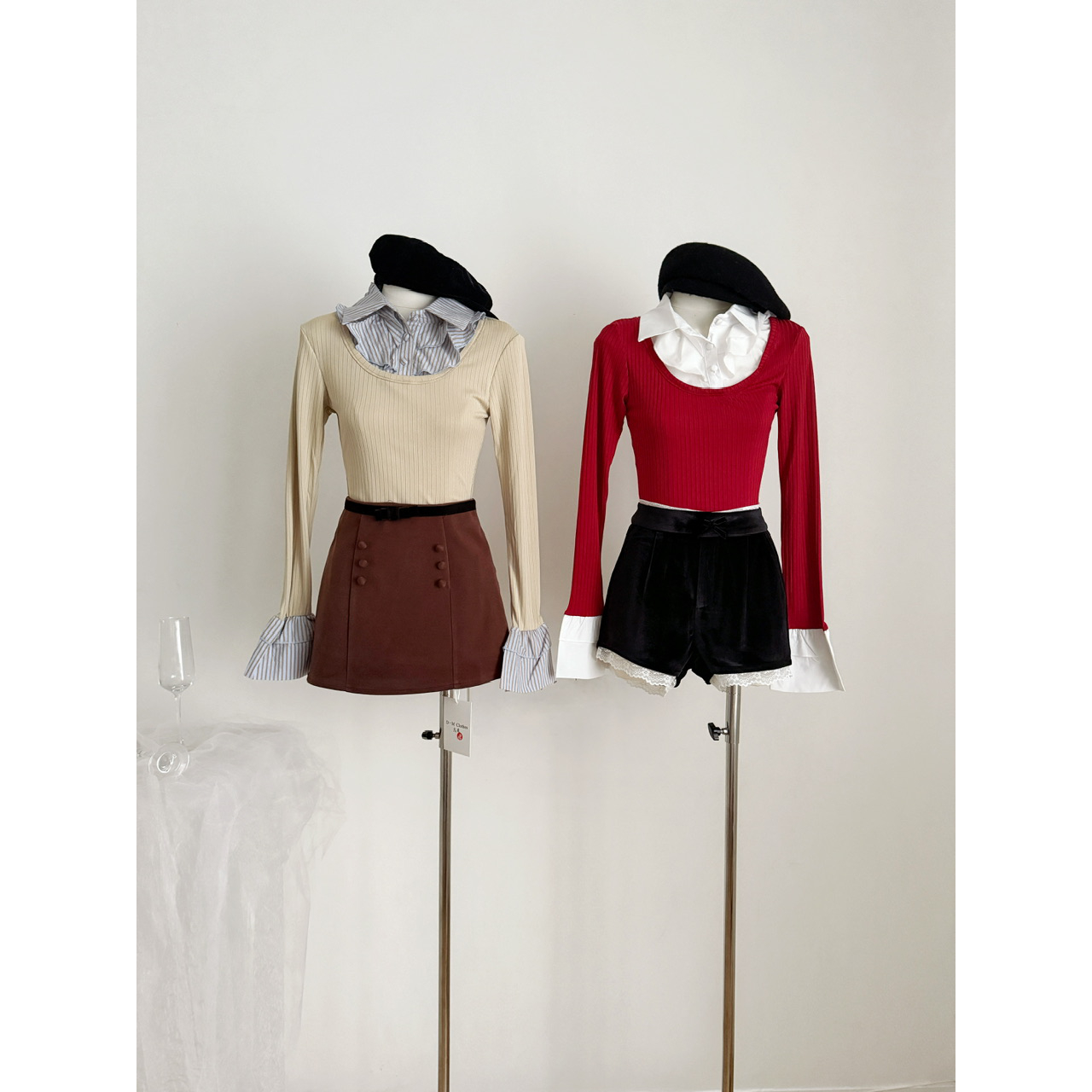 迟伞伞25/fw 松间花火 假两件条纹撞色衬衫拼接针织上衣/两色入