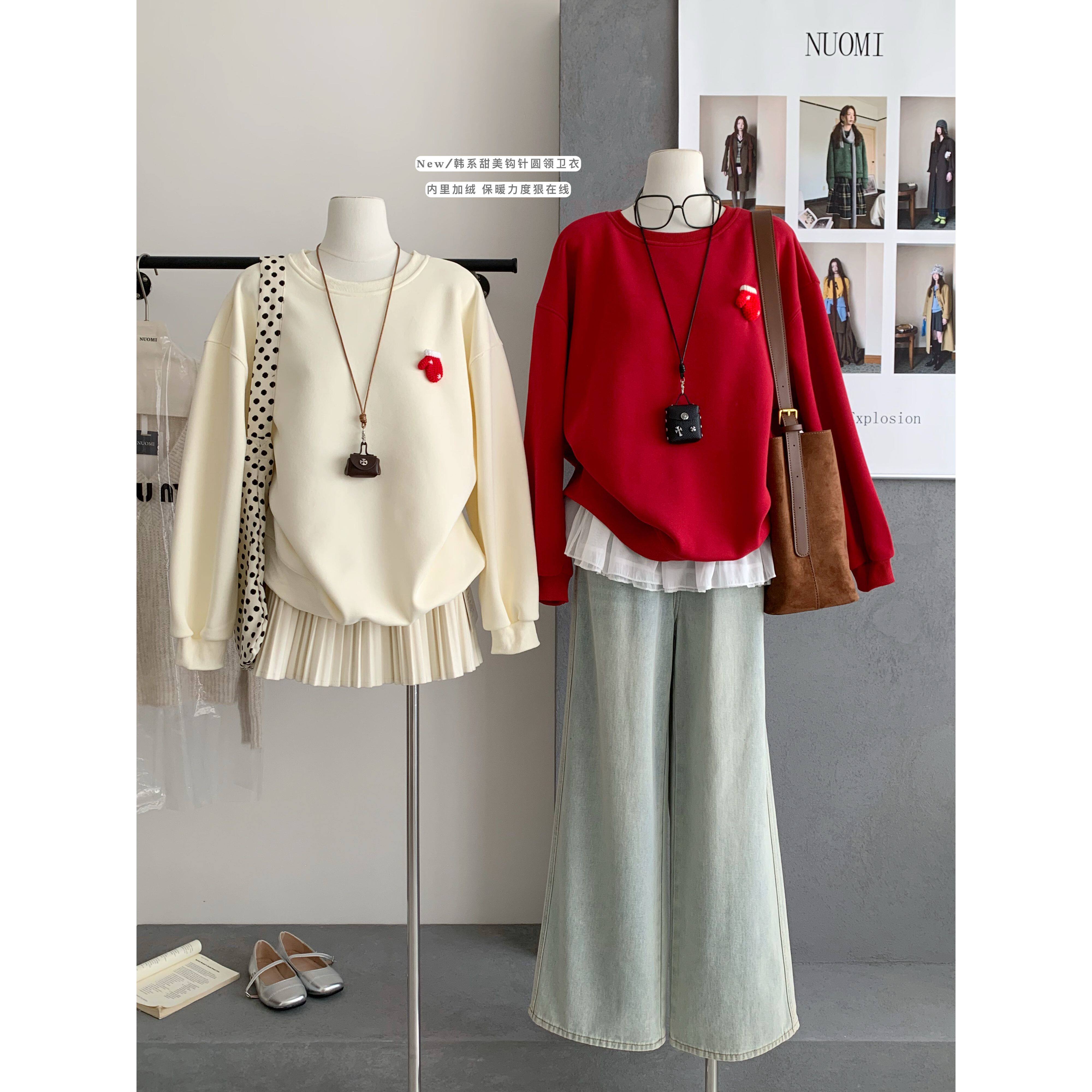 张贝贝圣诞风立体手工钩织手套休闲加绒保暖圆领休闲卫衣女