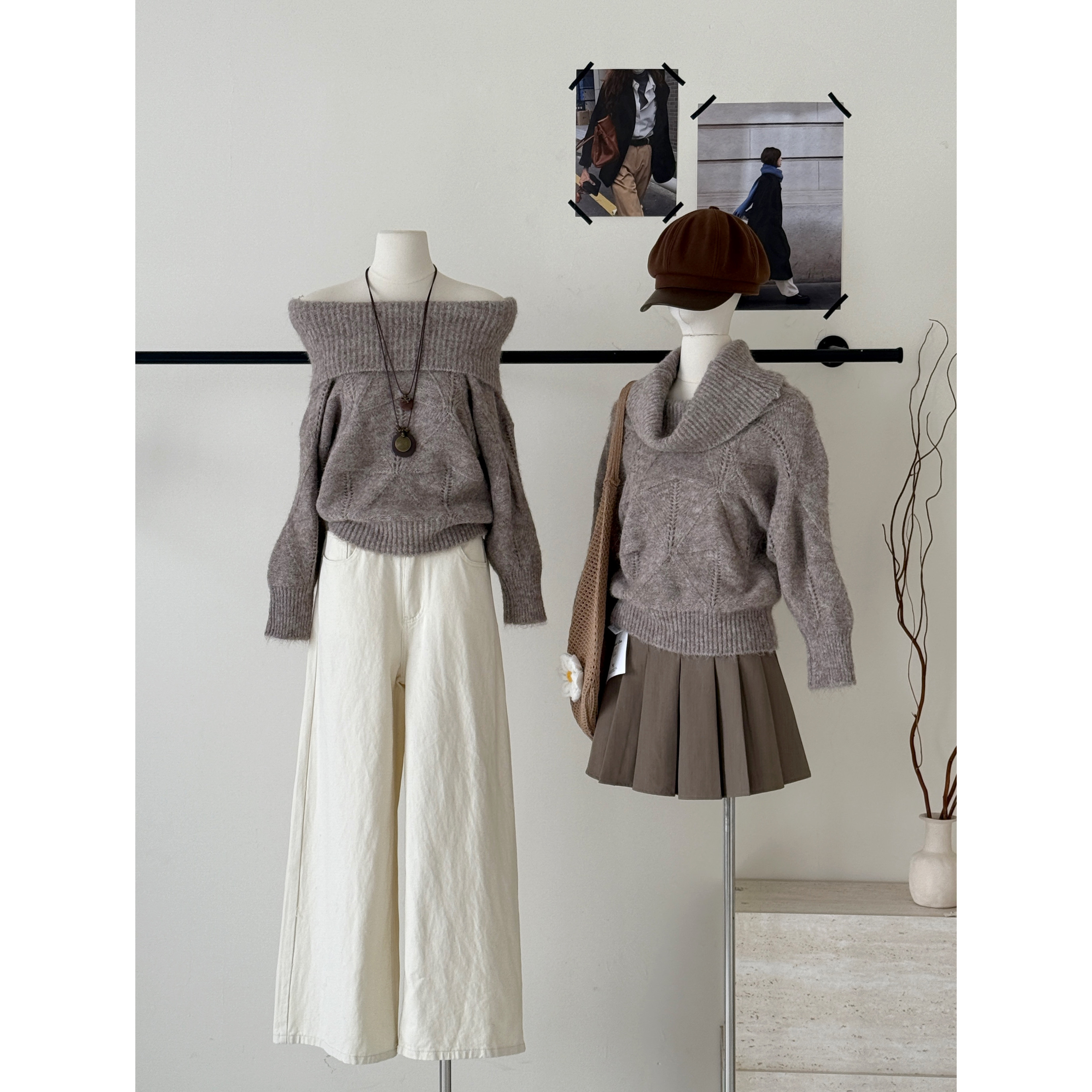 MAXMENT秋日暖栗'氛围感慵懒一字肩马海毛针织厚毛衣上衣