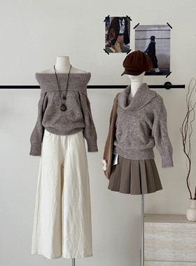 MAXMENT秋日暖栗'氛围感慵懒一字肩马海毛针织厚毛衣上衣