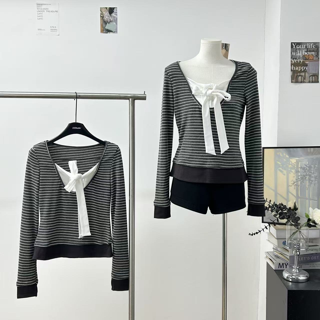 sheepland蝴蝶结拼接假两件天丝长袖t恤女秋冬修身显瘦打底衫上衣