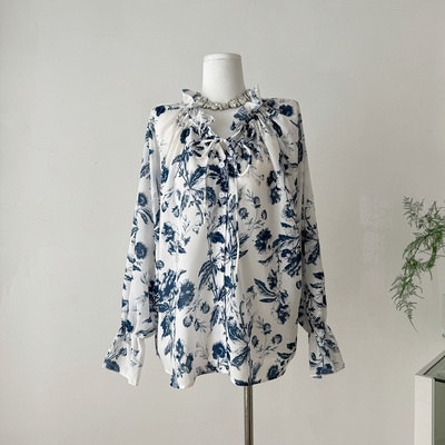 青花瓷新中式国风衬衫女夏季独特漂亮衬衣小个子上衣