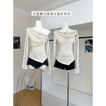 OAKMOO/"古老神社"可围裹式荡领长袖针织衫打底衫女收腰内搭上衣