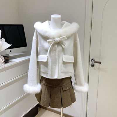 维斯小姐小玉狐小个子狐狸毛呢子大衣蝴蝶结双面羊绒毛呢外套