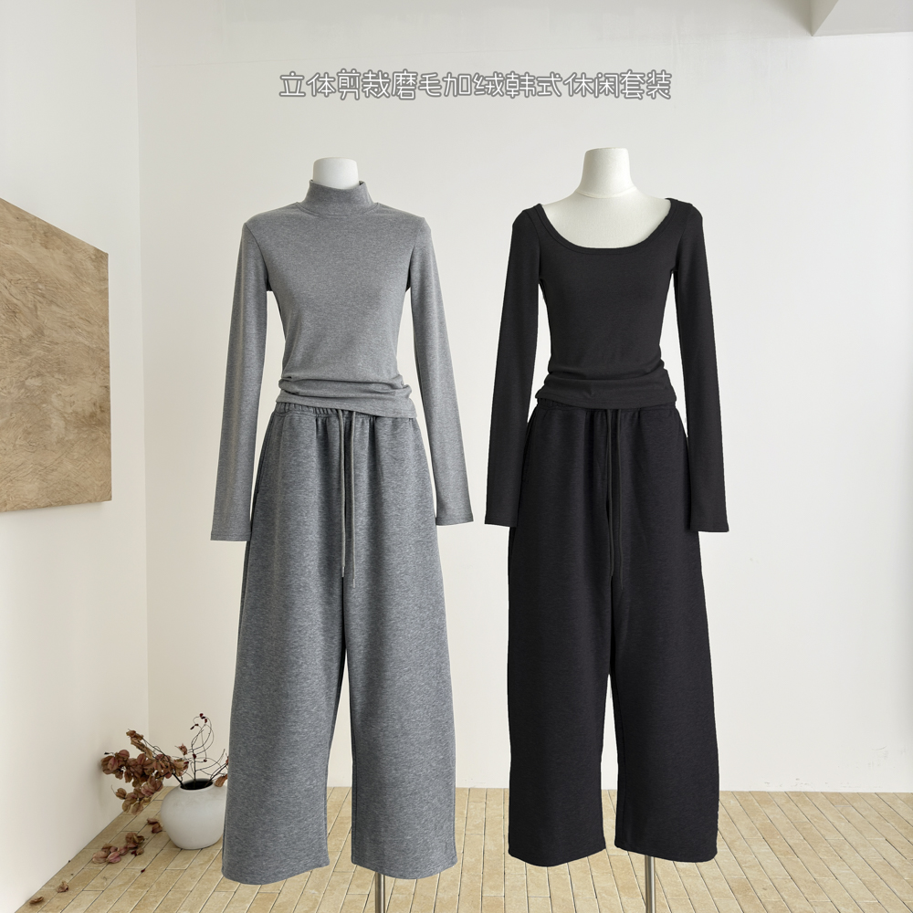 SUNONEONE 立体剪裁磨毛加绒韩式休闲套装女秋冬打底衫裤子两件套