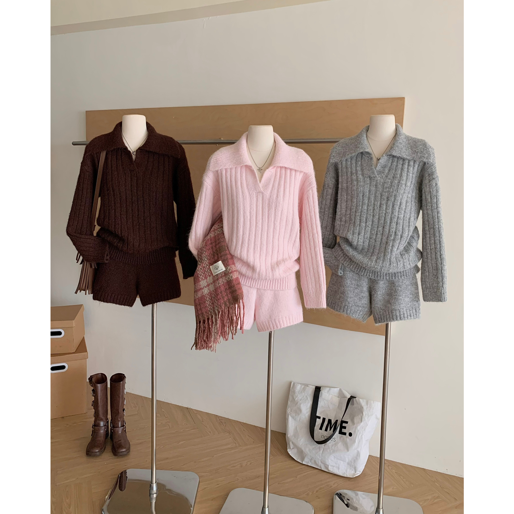 慵懒风翻领长袖毛衣针织衫女秋冬温柔风套装休闲直筒短裤两件套