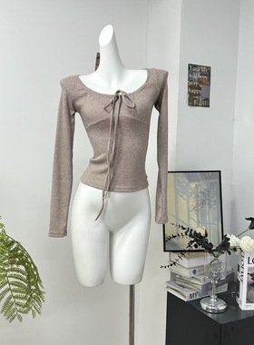 Fart Shop纯和欲 三色绑带长袖女秋季坑条方领显白打底衫上衣