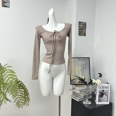 Fart Shop纯和欲 三色绑带长袖女秋季坑条方领显白打底衫上衣