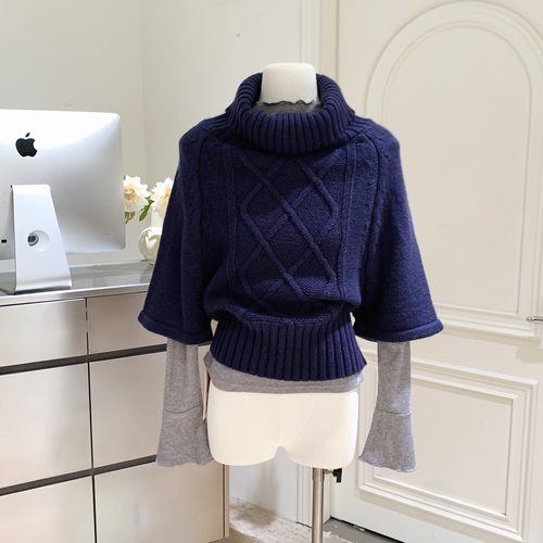 7Shiftin原创设计秋冬款慵懒风双色宽松毛针织衫女简约套头上衣