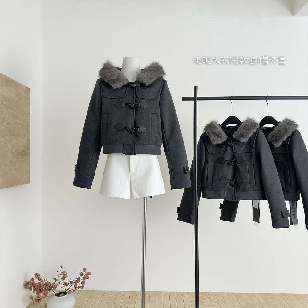 复古学院风高级感毛领拼接毛呢大衣女短款连帽外套