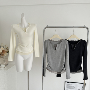 左边女装假两件蕾丝针织上衣2025春季新款拼接长袖打底衫