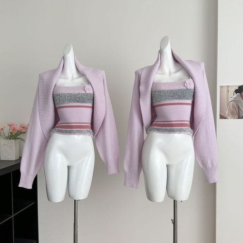 撞色羊毛亮丝小香风吊带 慵懒长袖针织外套毛衣罩衫上衣套装