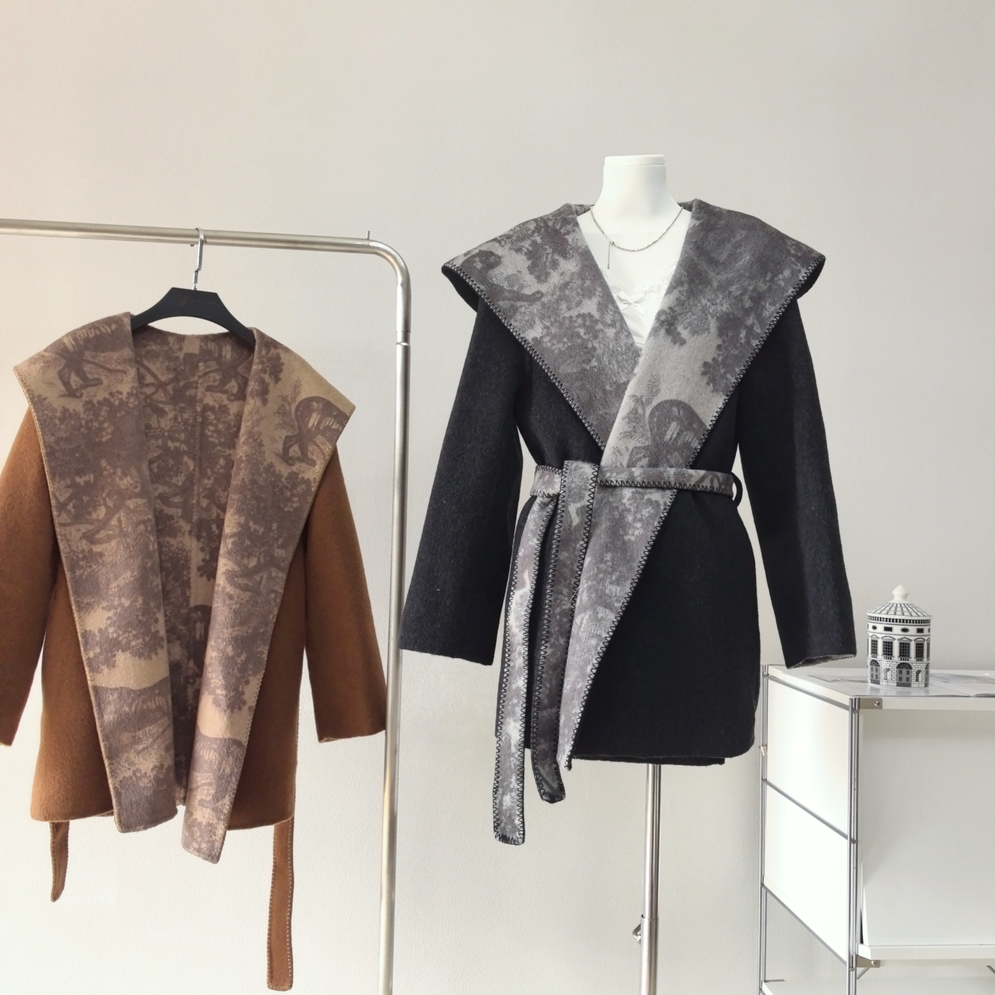 Riseaauu爱丁堡连帽绵羊毛双面毛呢外套女秋冬宽松中长款大衣