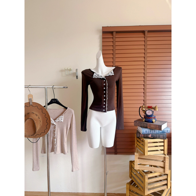 JMSHOP 兰斯艺术生 蕾丝拼接针织衫女设计感秋冬内搭长袖上衣