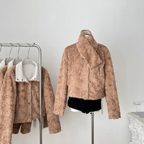 7Shiftin 原创设计秋冬款拼接卡其翻领气质通勤保暖毛绒外套上衣