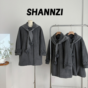 PtonUmi 波点艺术家 翻领双排扣毛呢大衣女冬中长款夹棉呢子外套