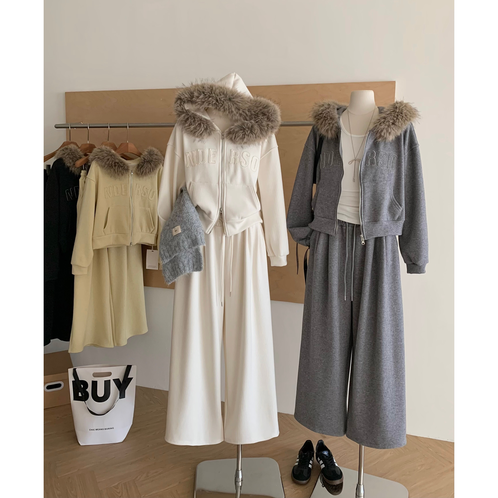 韩系加绒卫衣套装可拆卸毛领开衫外套休闲阔腿长裤两件套女秋冬