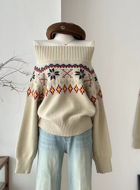 MAXMENT复古费尔岛提花粗针一字肩宽松厚实秋冬毛衣